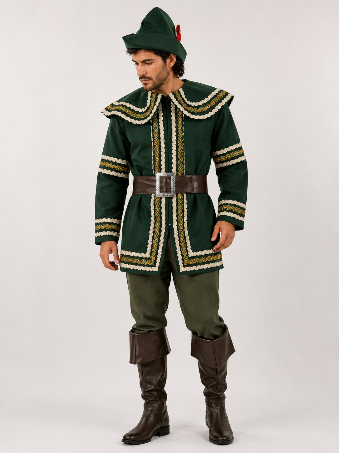 Fantasia Rei dos Ladrões Masculina Medieval Luxo – Estilo Arqueiro da Floresta com Chapéu e Cinto