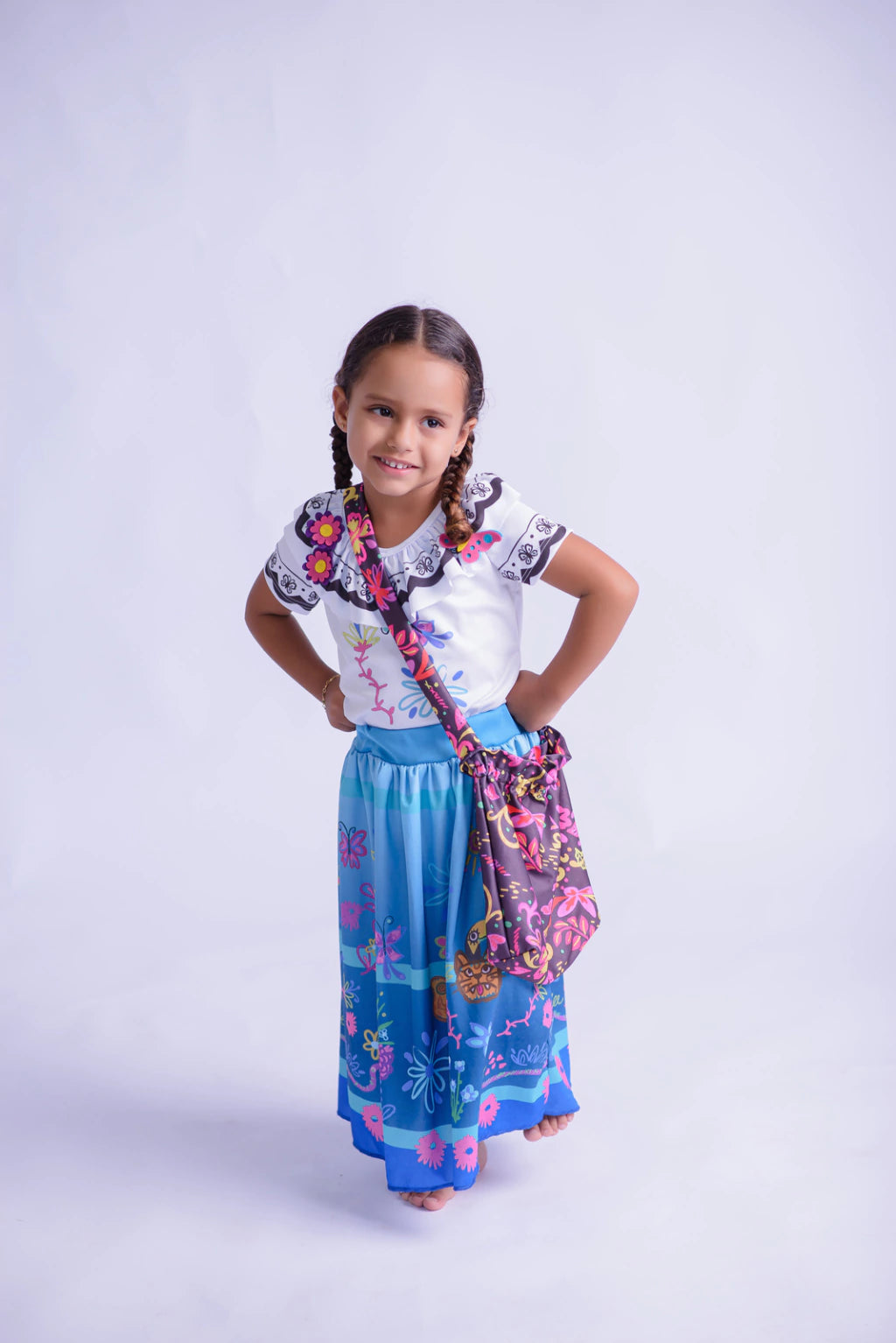 Fantasia Camponesa Floral Colorida Infantil com Bolsa
