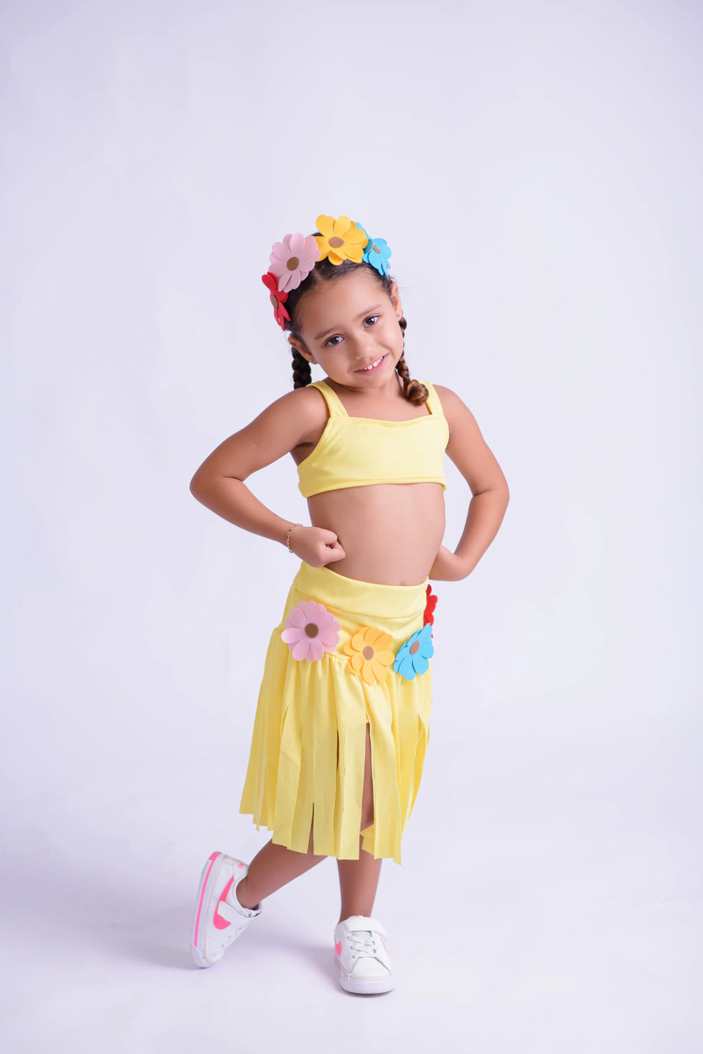 Fantasia Havaiana Amarela Com Tiara Floral Tropical Infantil