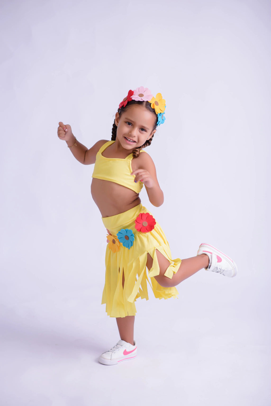 Fantasia Havaiana Amarela Com Tiara Floral Tropical Infantil