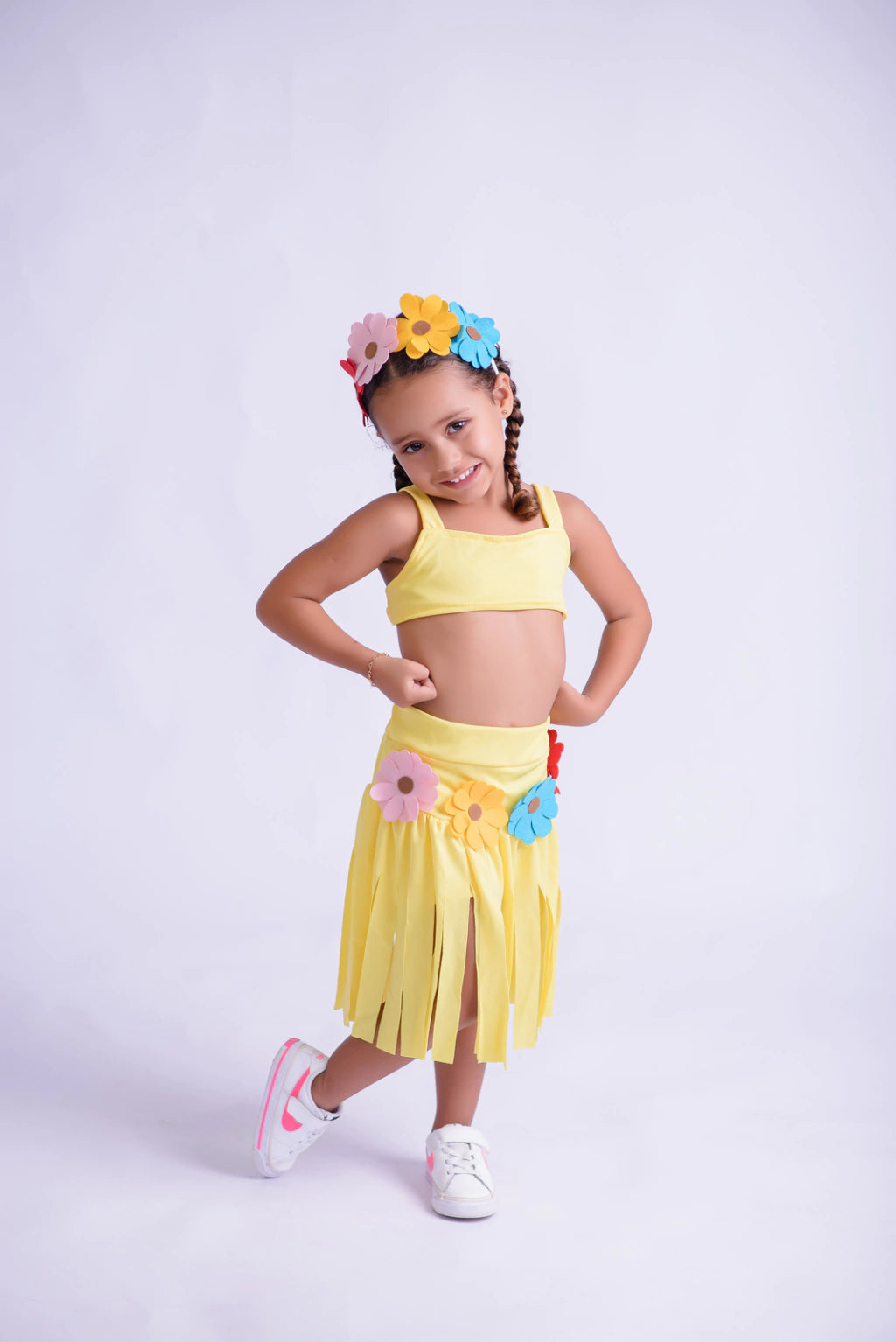 Fantasia Havaiana Amarela Com Tiara Floral Tropical Infantil