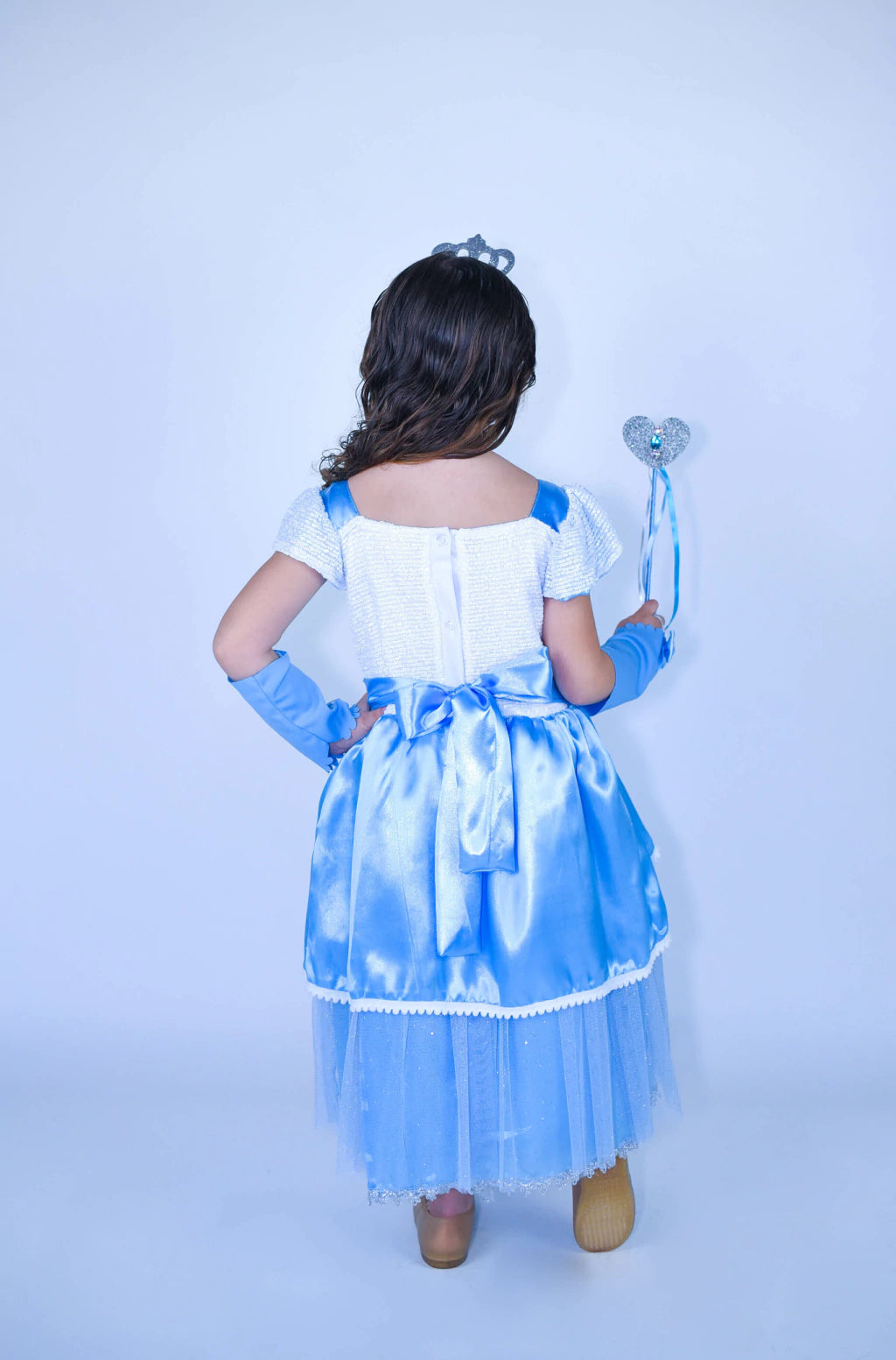 Fantasia Princesa Azul Sapatinho de Cristal Encantada Infantil Luxo (Coroa + Varinha + Luva)