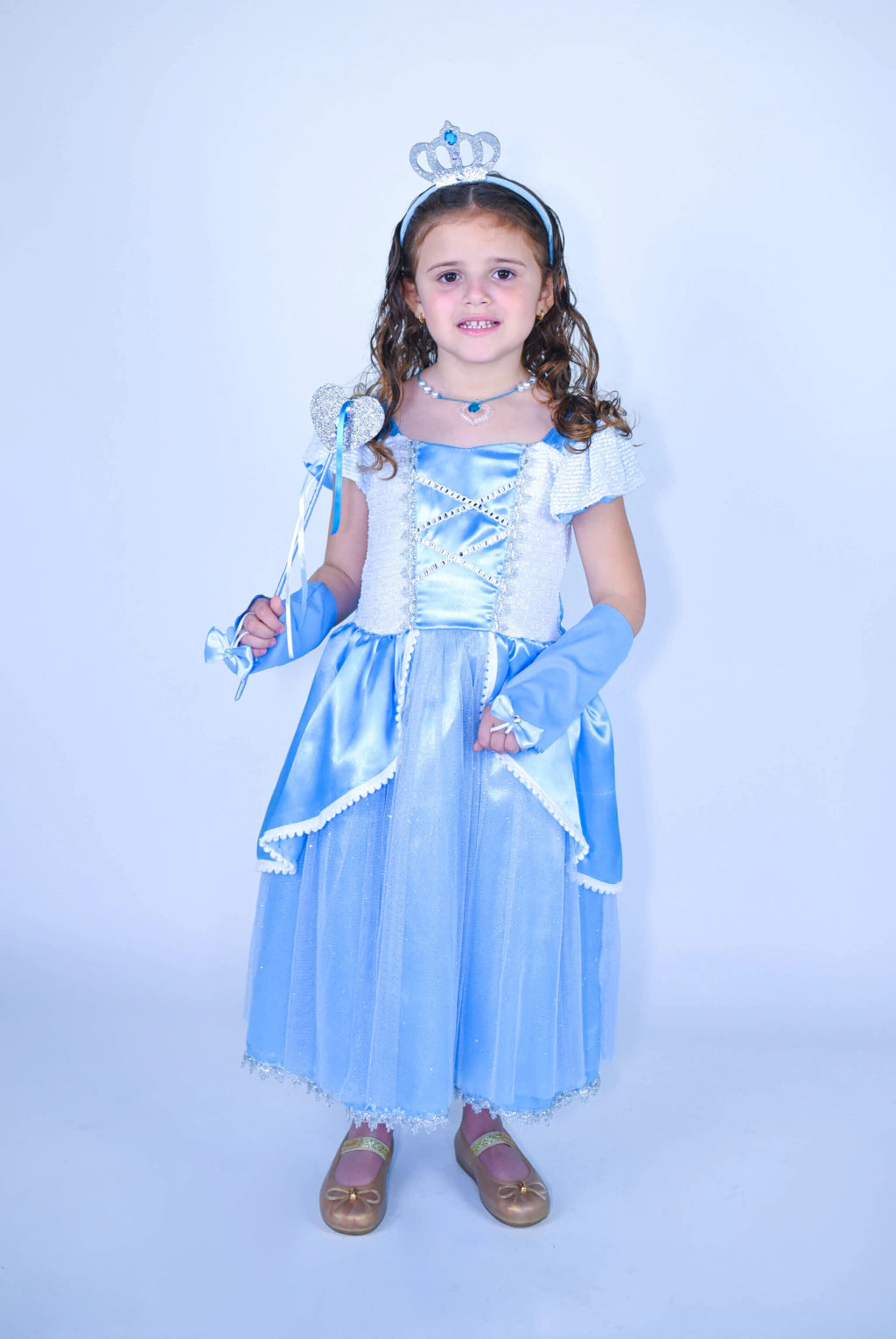 Fantasia Princesa Azul Sapatinho de Cristal Encantada Infantil Luxo (Coroa + Varinha + Luva)