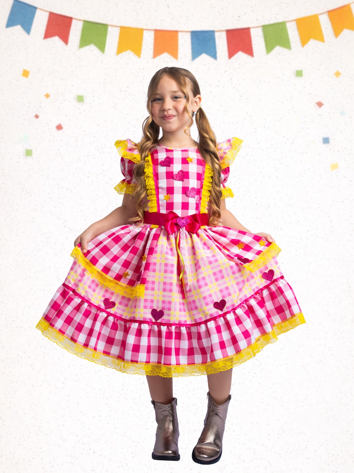 Vestido Junino Infantil Xadrez Rosa Corações Luxo