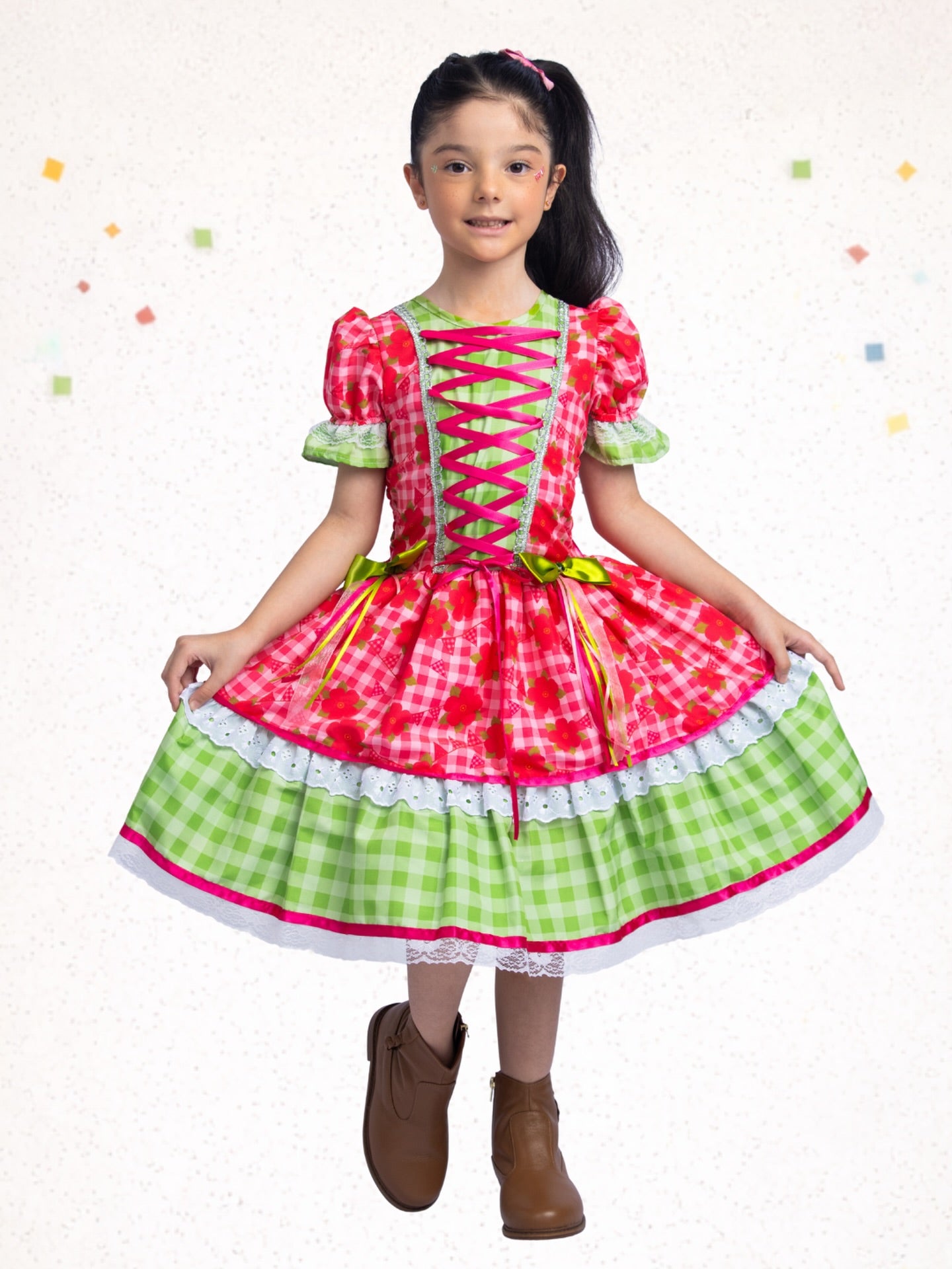 vestido junino infantil rosa e verde floral com laços