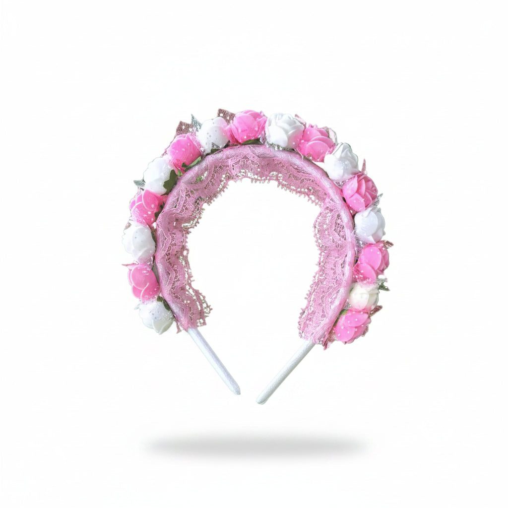Tiara Infantil Floral Rosa com Renda e Flores Delicadas