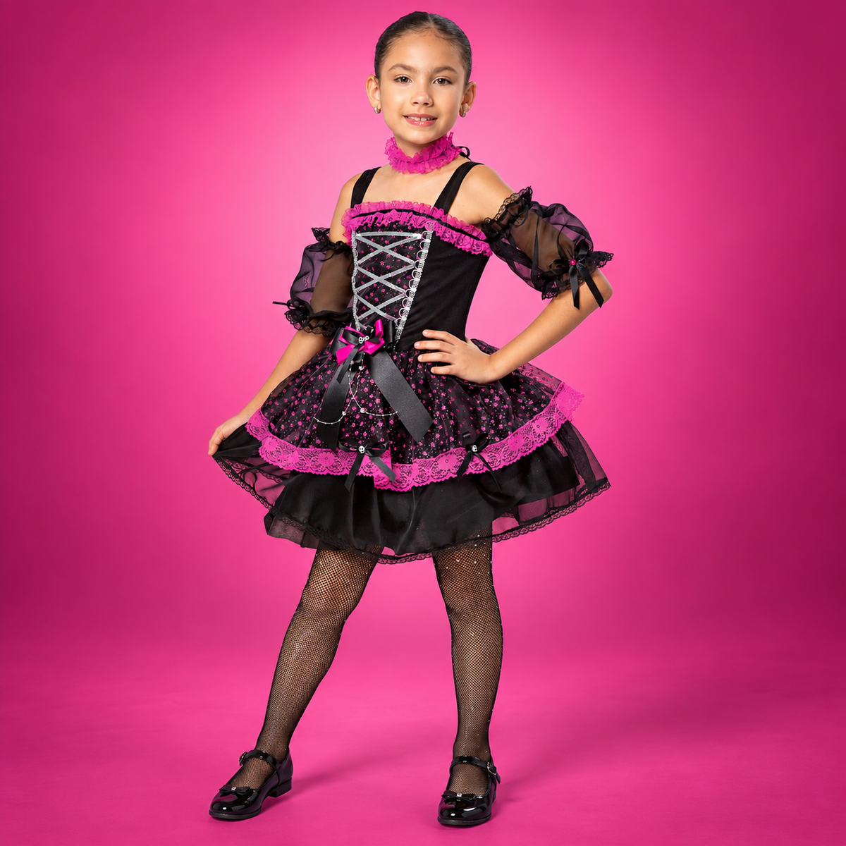 Fantasia Infantil Bruxinha Rosa e Preta com Vestido