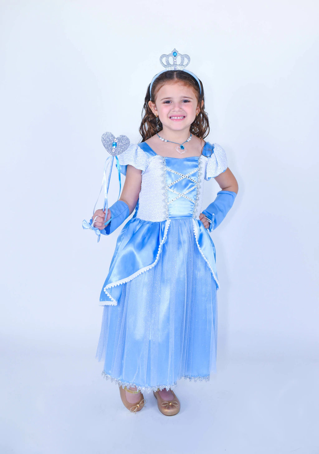 Fantasia Princesa Azul Sapatinho de Cristal Encantada Infantil Luxo (Coroa + Varinha + Luva)
