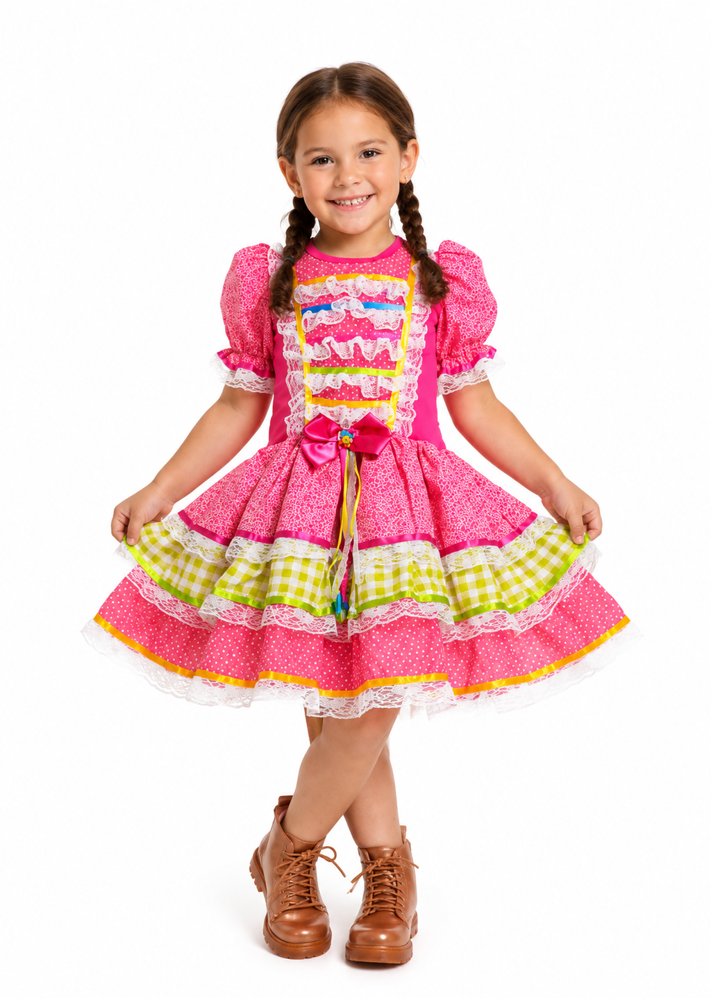 Vestido Junino Infantil Pink Luxo com Renda e Xadrez Verde