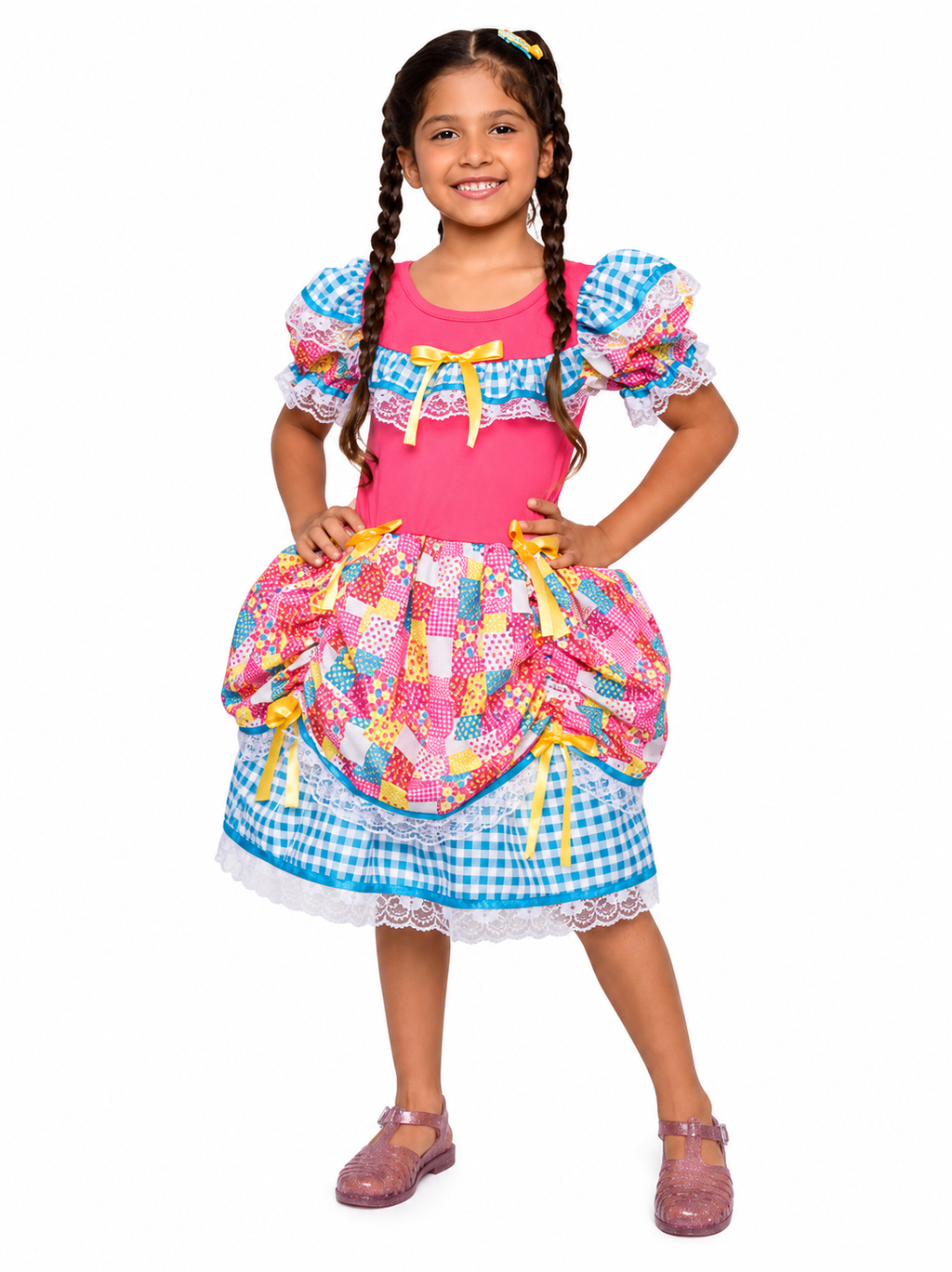 Vestido Junino Infantil Colorido Patchwork Rosa e Azul Luxo