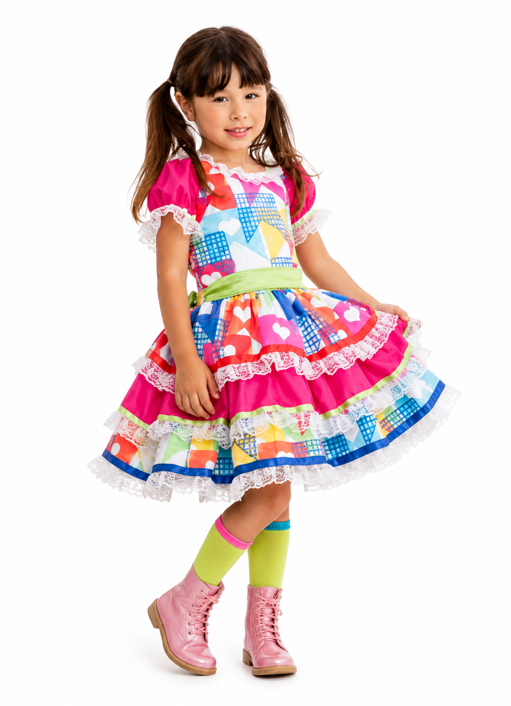 Vestido Junino Infantil Colorido Corações  rosa e azul