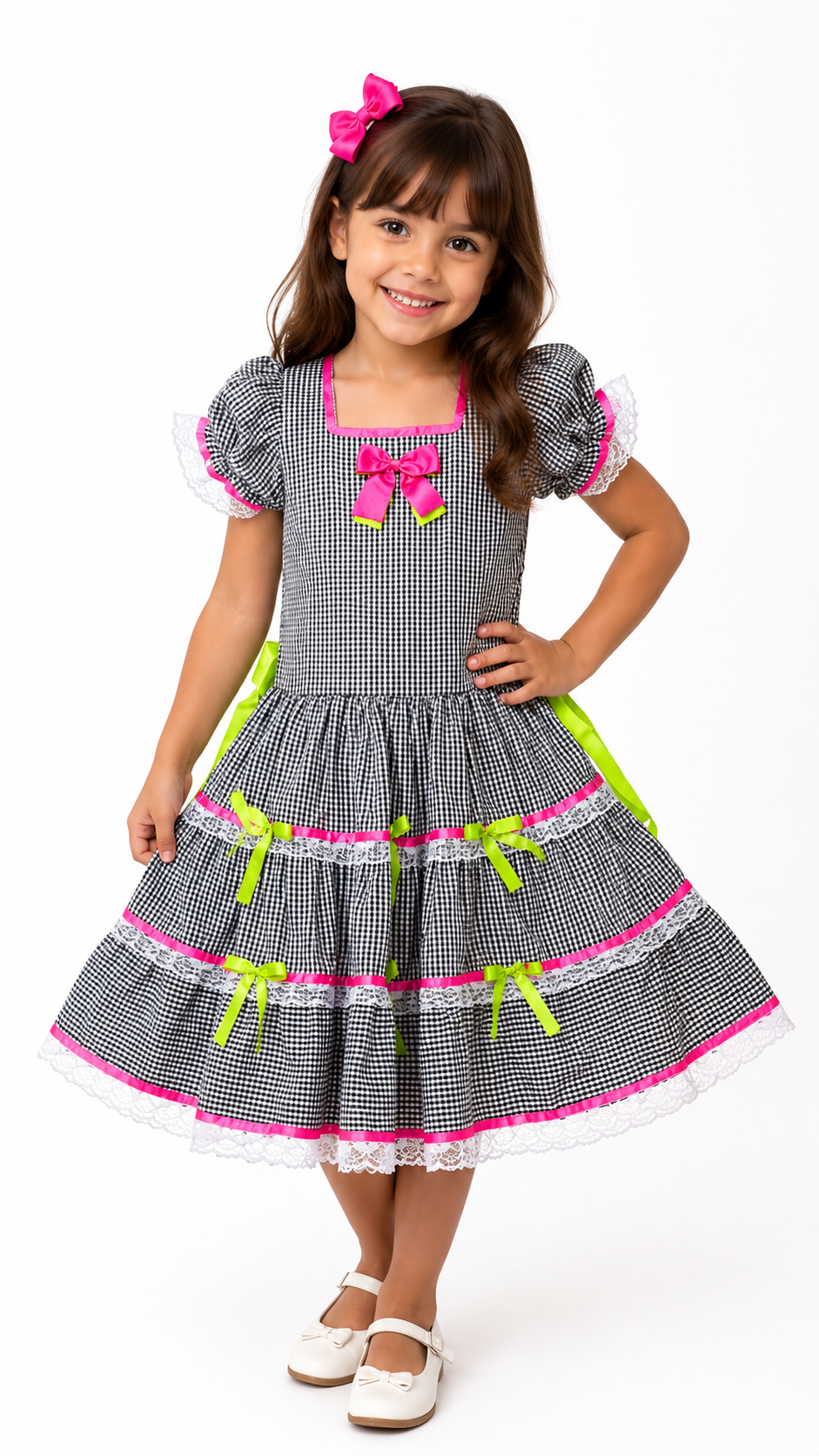 Vestido Junino Infantil Xadrez Preto e Branco Neon Rosa e Verde