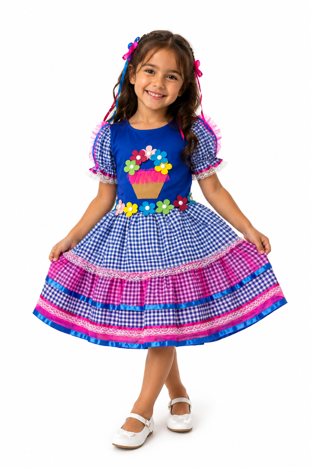 Vestido Junino Infantil Azul Xadrez com Flores Coloridas