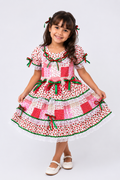 Vestido Junino Infantil Moranguinho Rosa e Vermelho com Laços Verdes