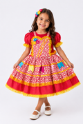 Vestido Junino Infantil Vermelho Floral com Renda Amarela