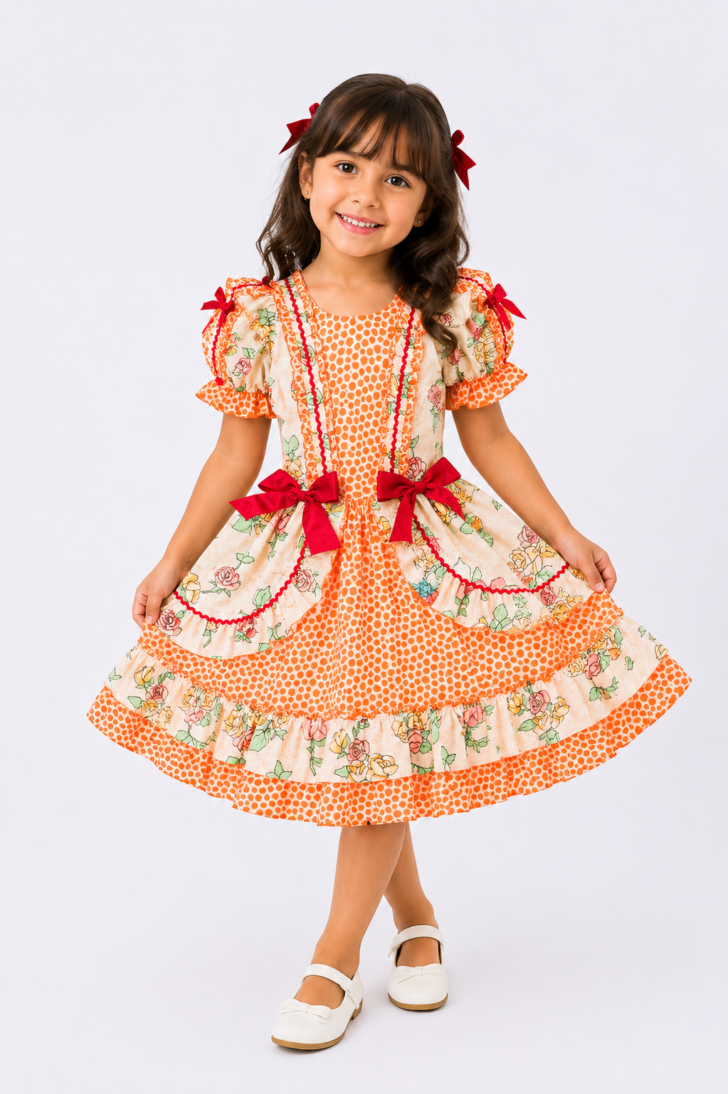 Vestido Junino Infantil Laranja Floral com Forro e Laços Vermelhos