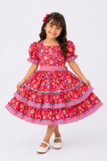 Vestido Junino Infantil vermelho  Estampado junino  com Forro e Babados