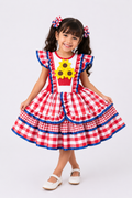 Vestido Junino Infantil Xadrez Vermelho Girassol com Forro
