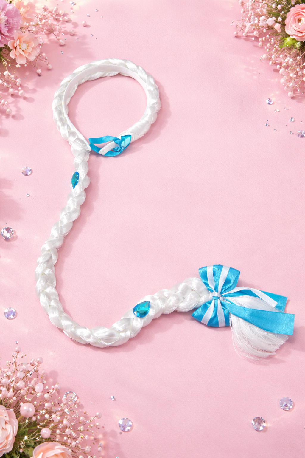 Acessório Trança de Princesa Branca com Laço Azul – Fantasia Infantil