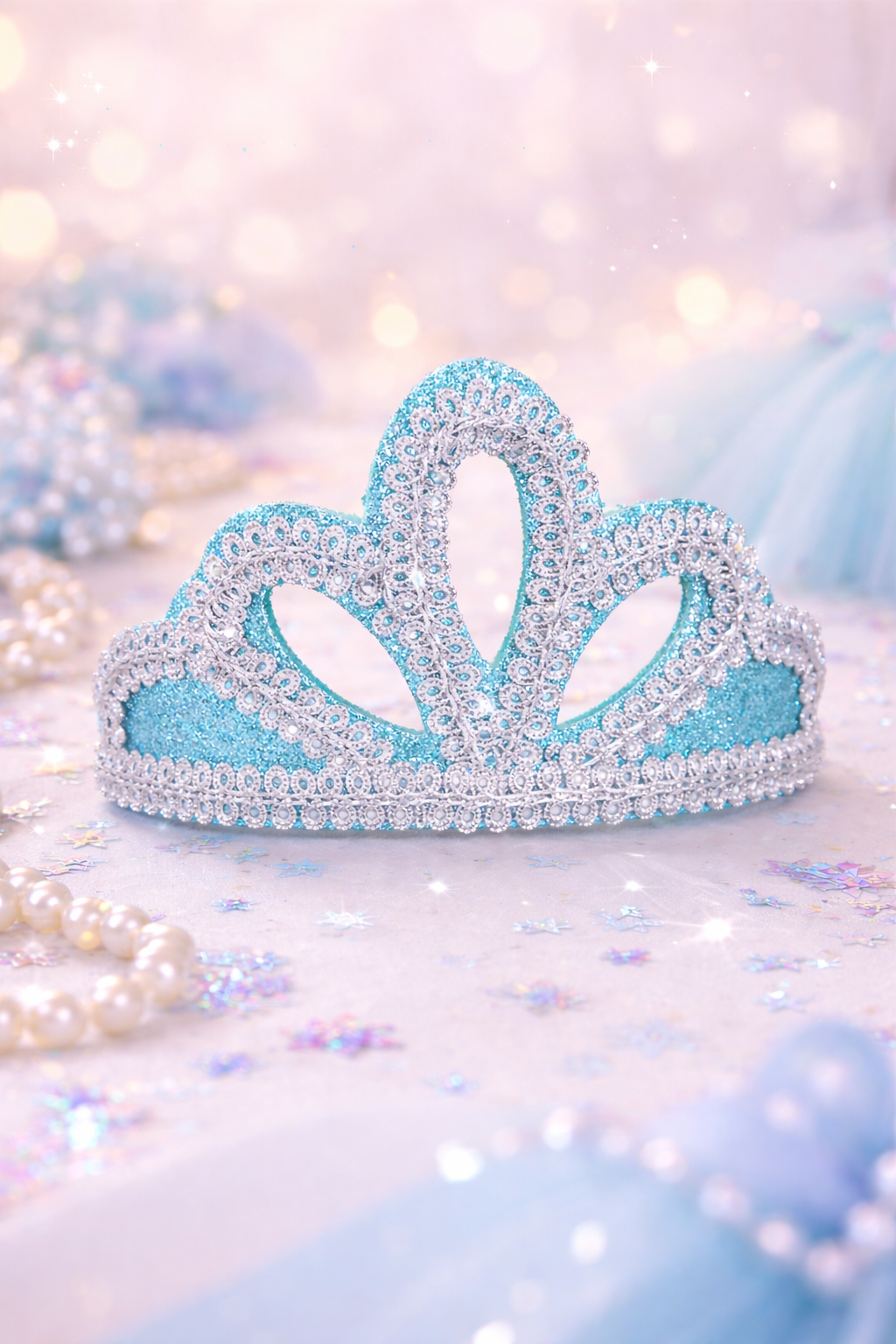 Coroa Princesa Azul com Glitter e Strass – Tiara Fantasia Infantil