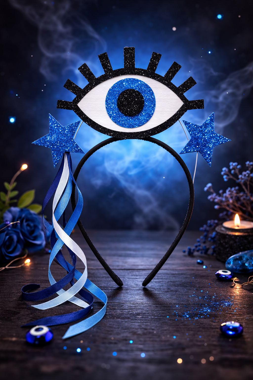 Tiara Olho Grego com Estrelas e Fitas – Acessório Místico Azul Glitter