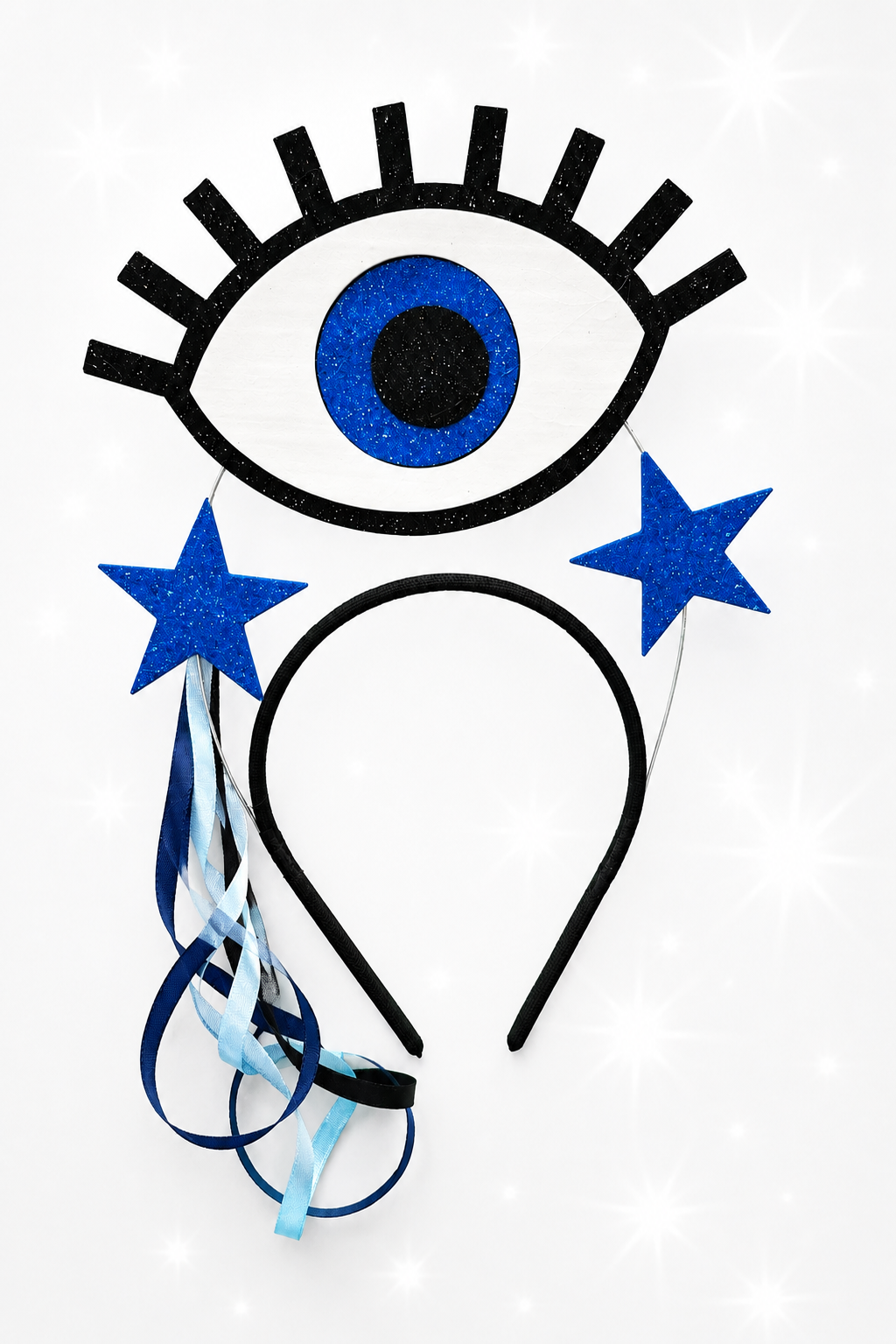 Tiara Olho Grego com Estrelas e Fitas – Acessório Místico Azul Glitter
