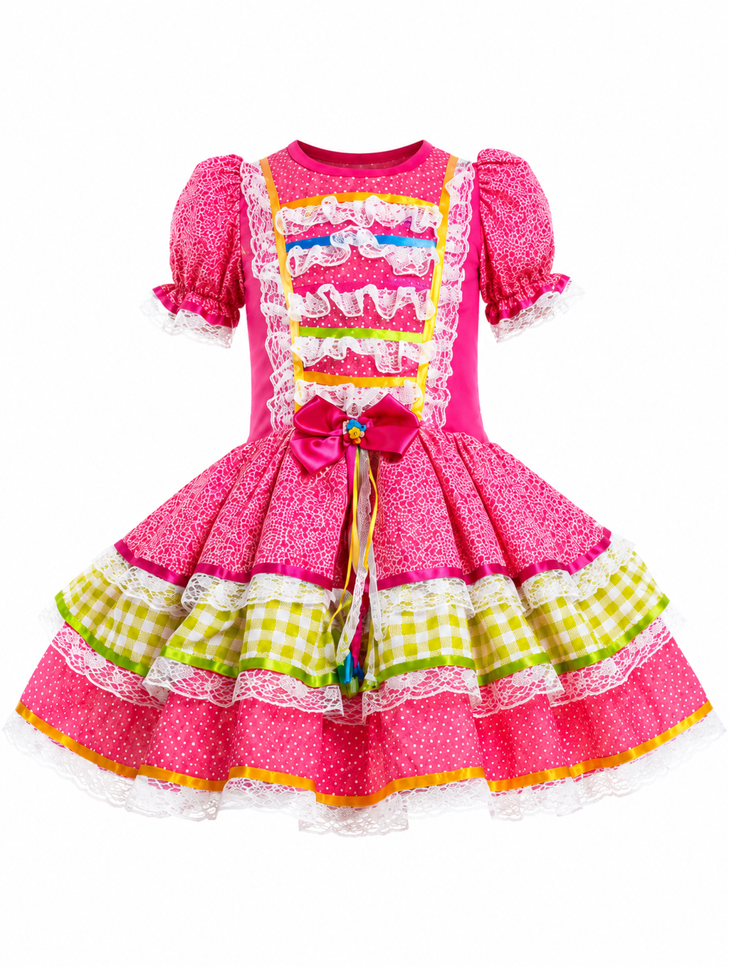 Vestido Junino Infantil Pink Luxo com Renda e Xadrez Verde