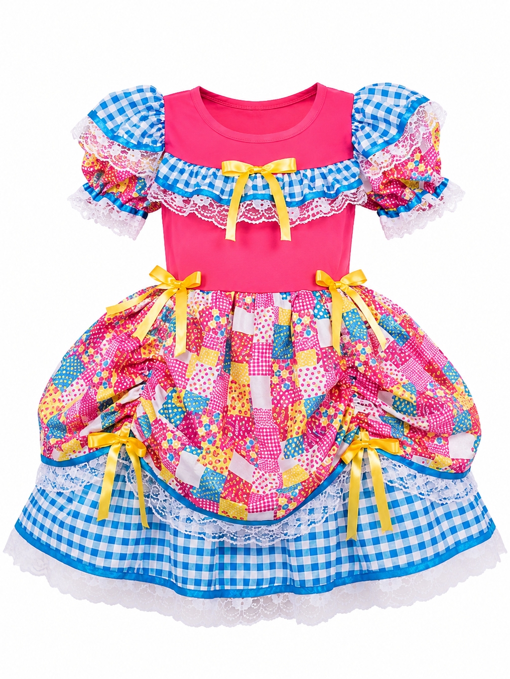 Vestido Junino Infantil Colorido Patchwork Rosa e Azul Luxo