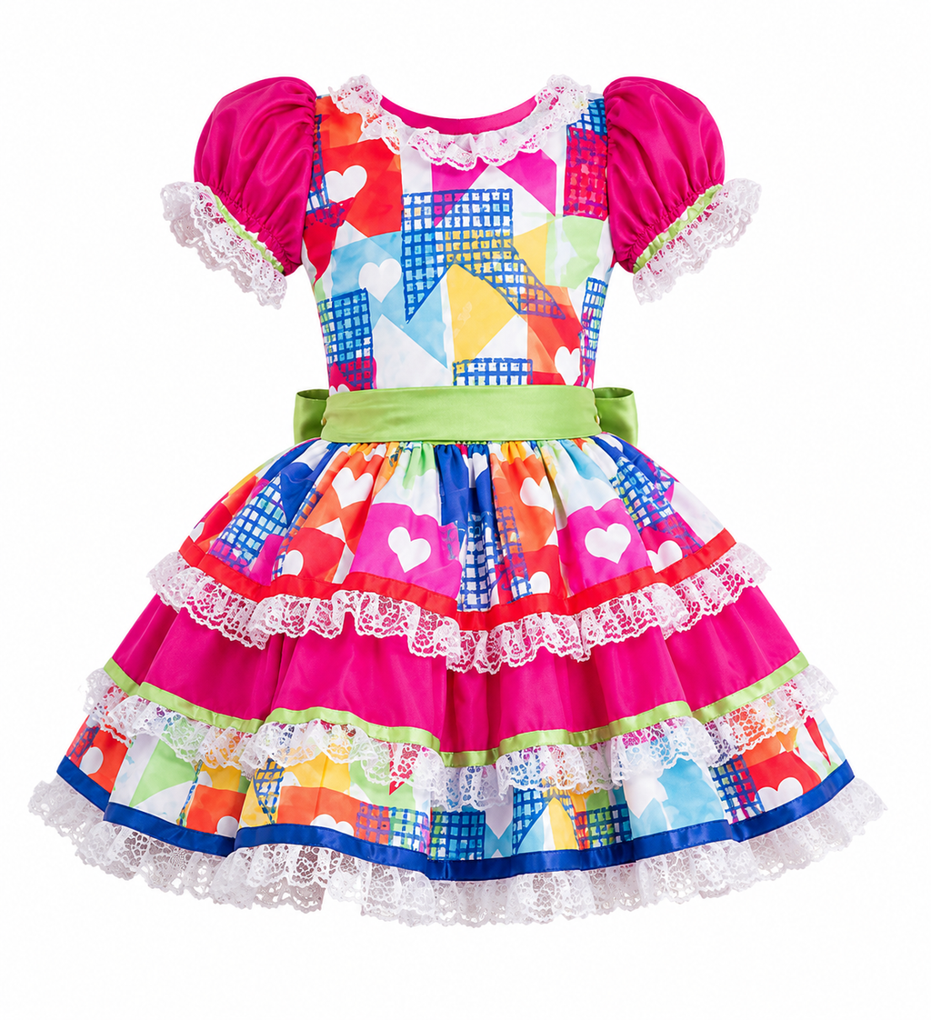 Vestido Junino Infantil Colorido Corações  rosa e azul