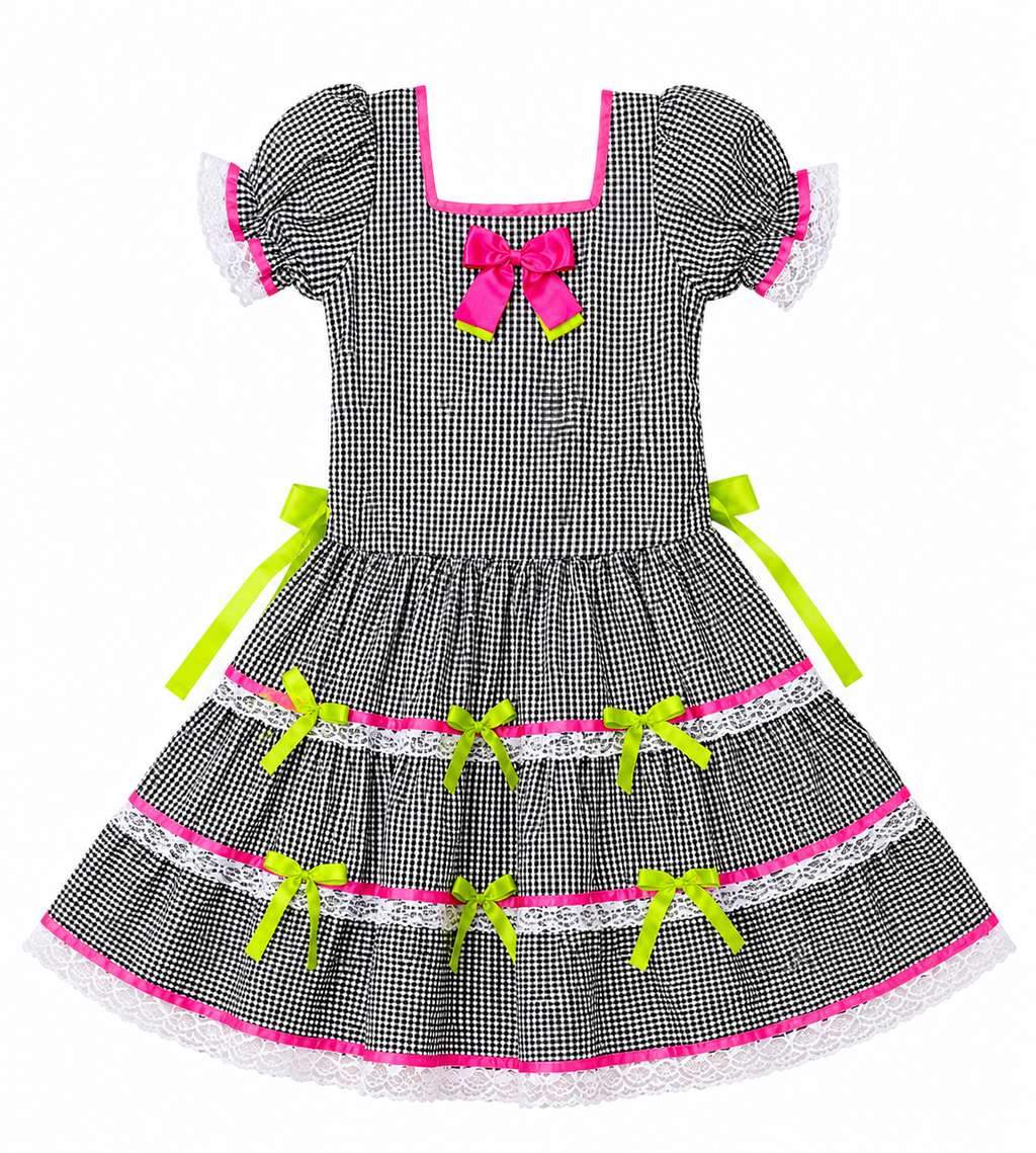 Vestido Junino Infantil Xadrez Preto e Branco Neon Rosa e Verde