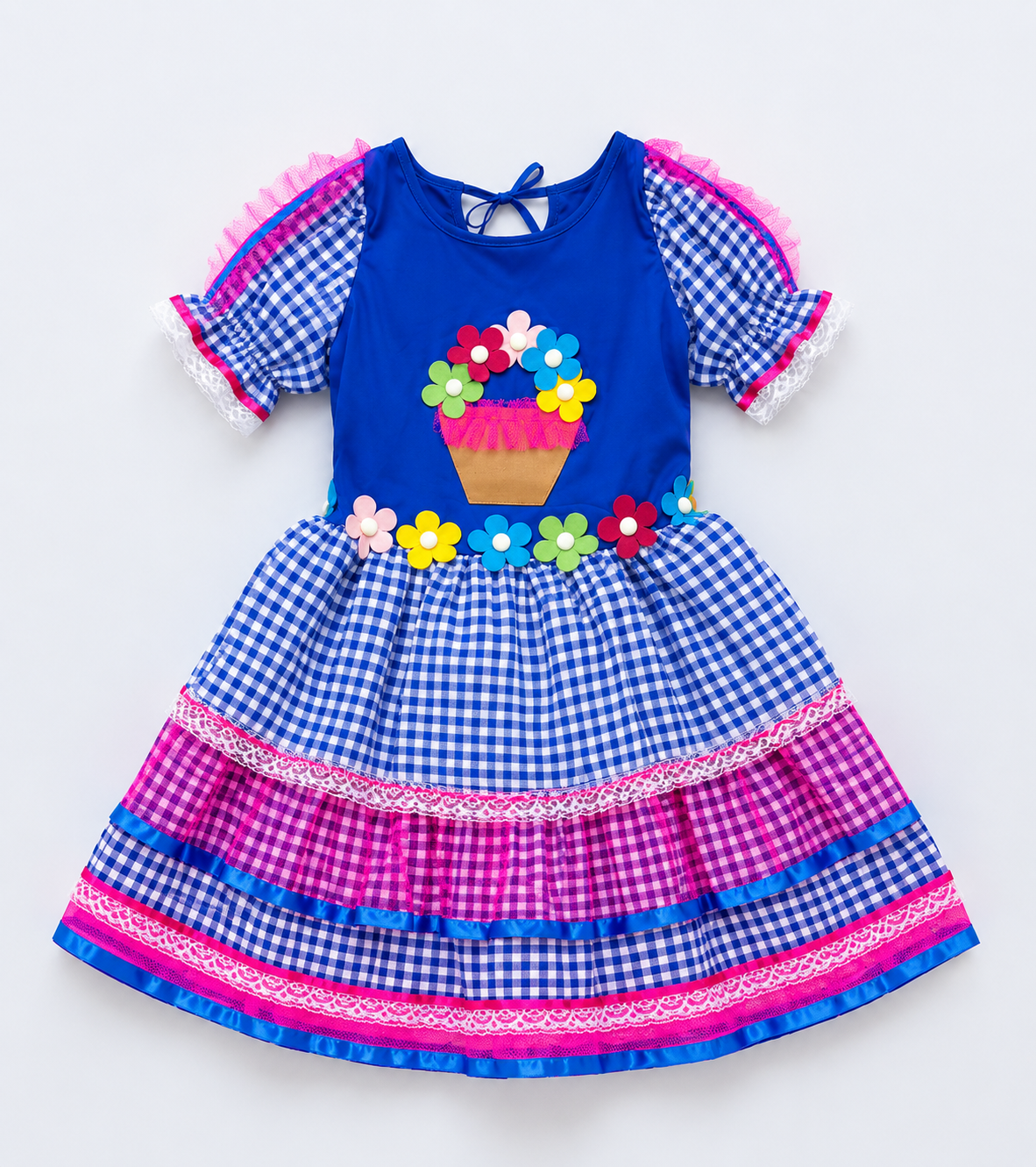 Vestido Junino Infantil Azul Xadrez com Flores Coloridas