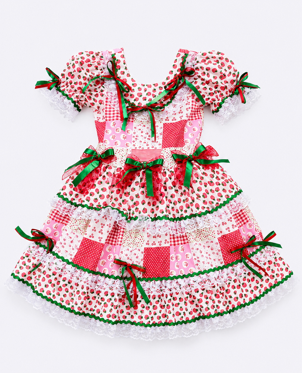Vestido Junino Infantil Moranguinho Rosa e Vermelho com Laços Verdes