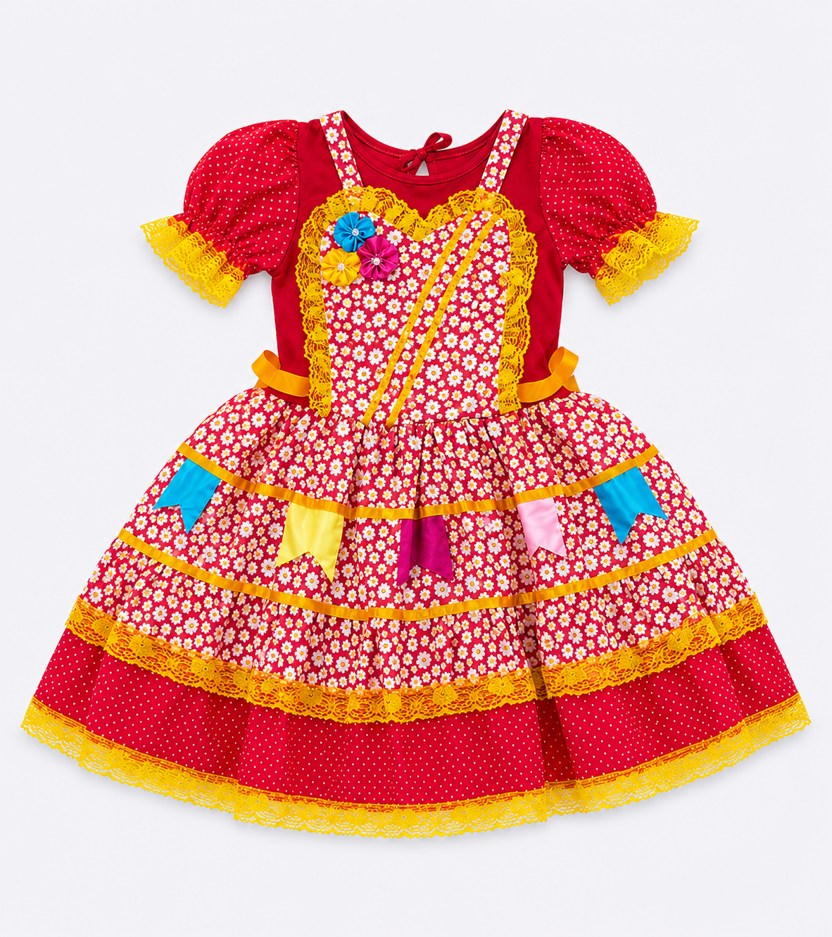Vestido Junino Infantil Vermelho Floral com Renda Amarela