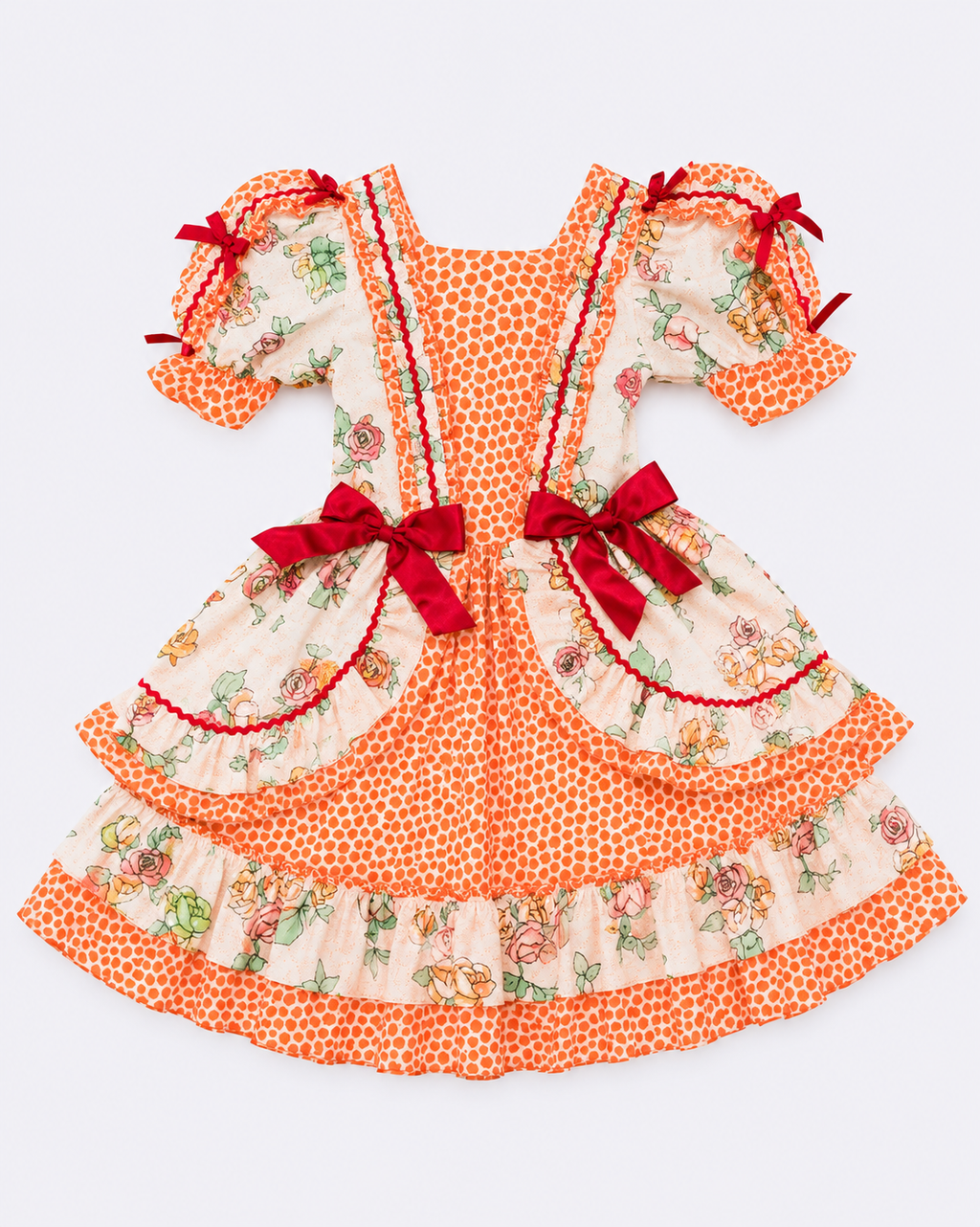 Vestido Junino Infantil Laranja Floral com Forro e Laços Vermelhos