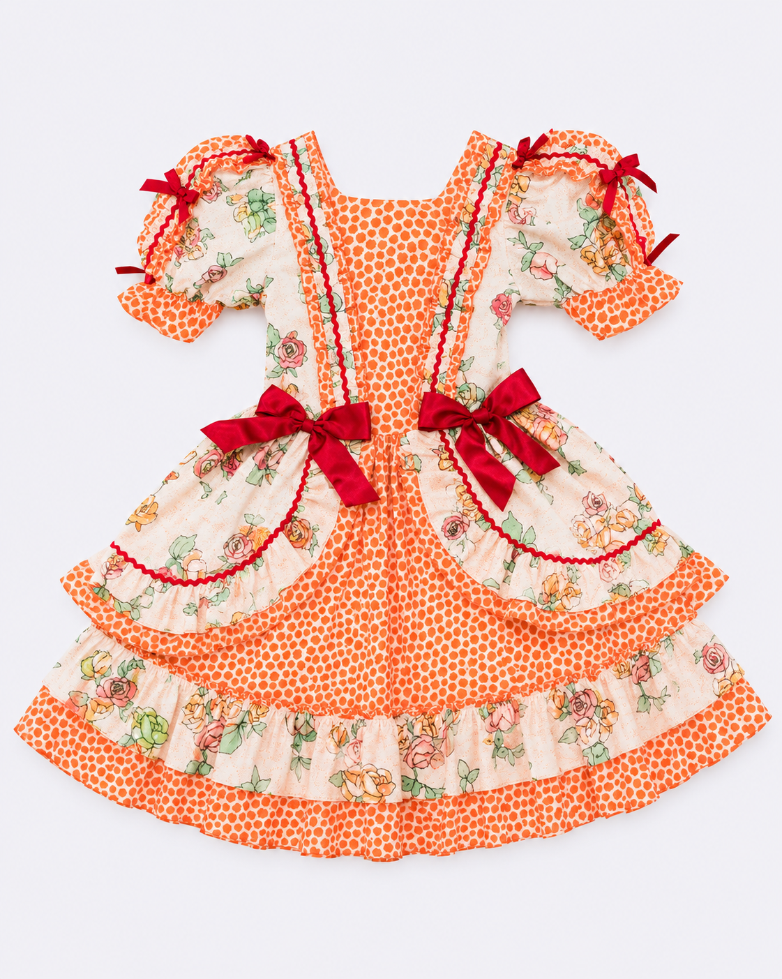 Vestido Junino Infantil Laranja Floral com Forro e Laços Vermelhos