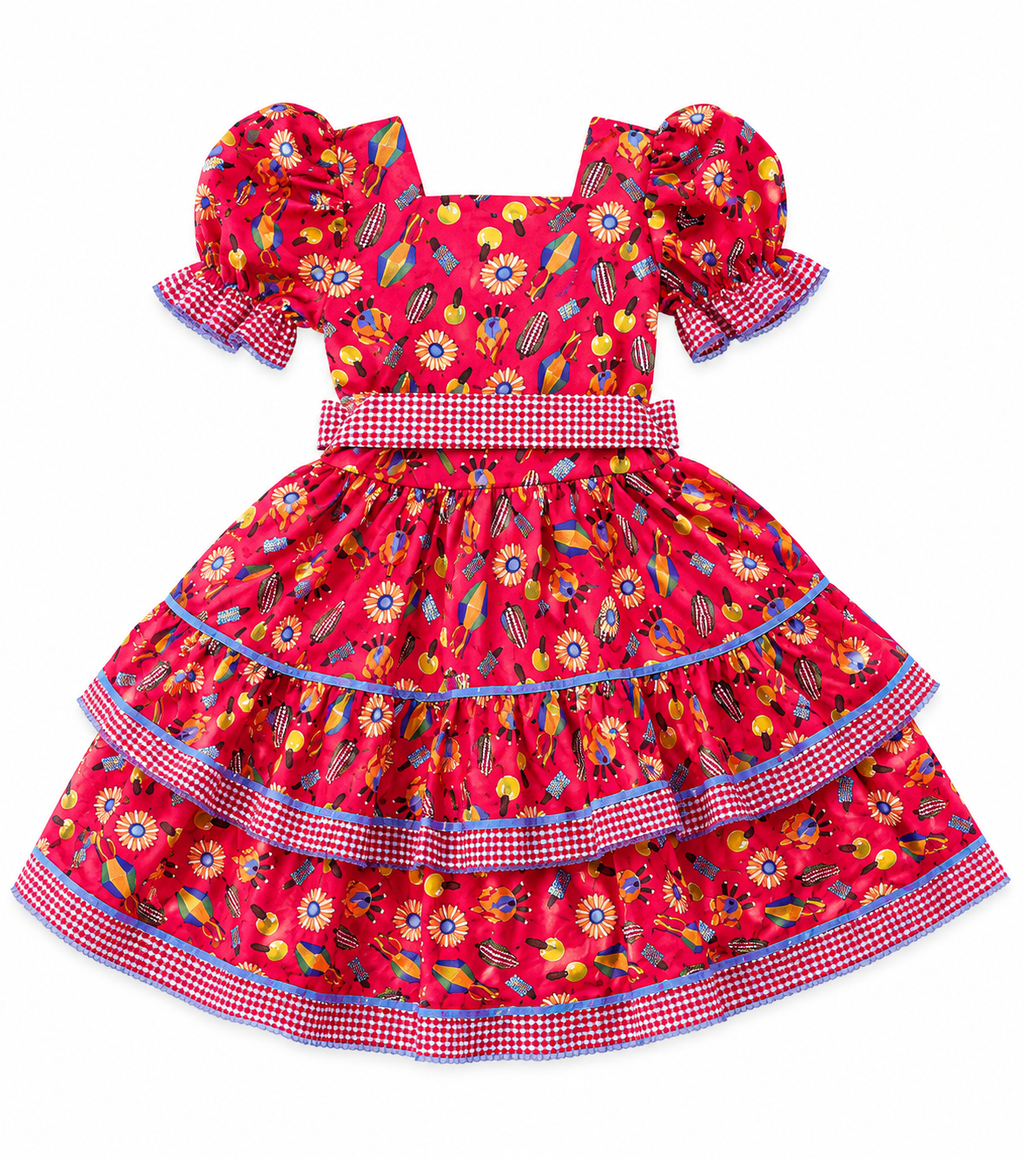 Vestido Junino Infantil vermelho  Estampado junino  com Forro e Babados