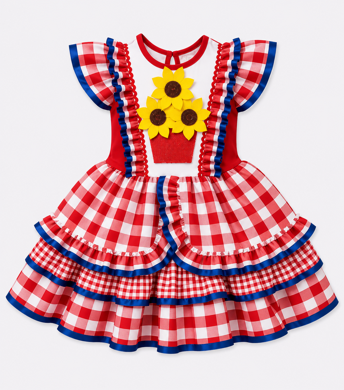 Vestido Junino Infantil Xadrez Vermelho Girassol com Forro