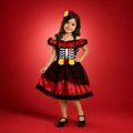 Fantasia Infantil Vestido Caveira Mexicana Vermelho e Preto