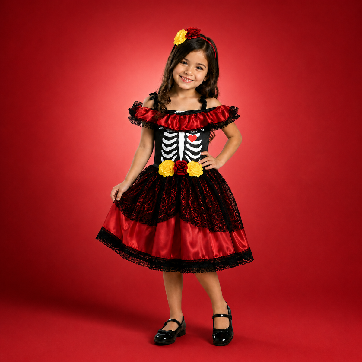 Fantasia Infantil Vestido Caveira Mexicana Vermelho e Preto
