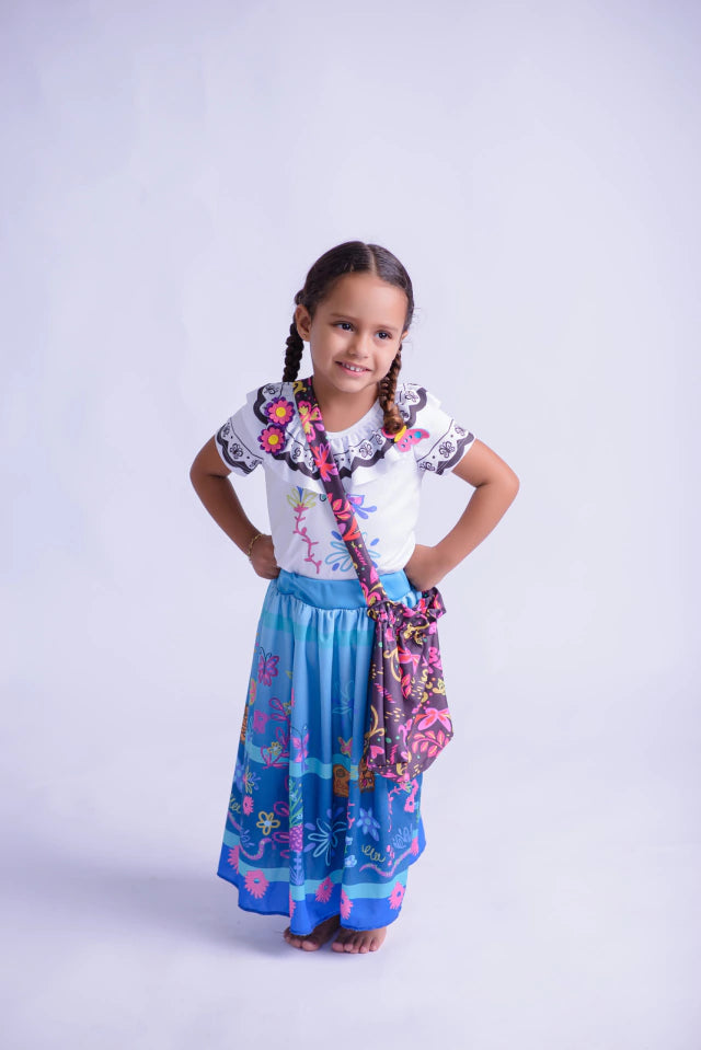 Fantasia Camponesa Floral Colorida Infantil com Bolsa