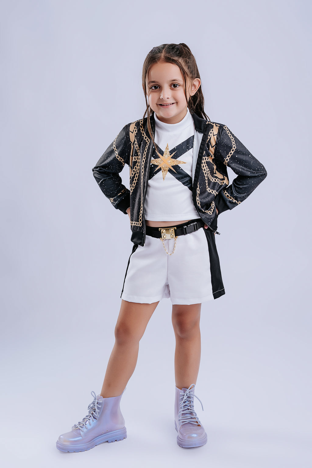 Fantasia K-pop Fashion Jaqueta Preta Luxo Infantil