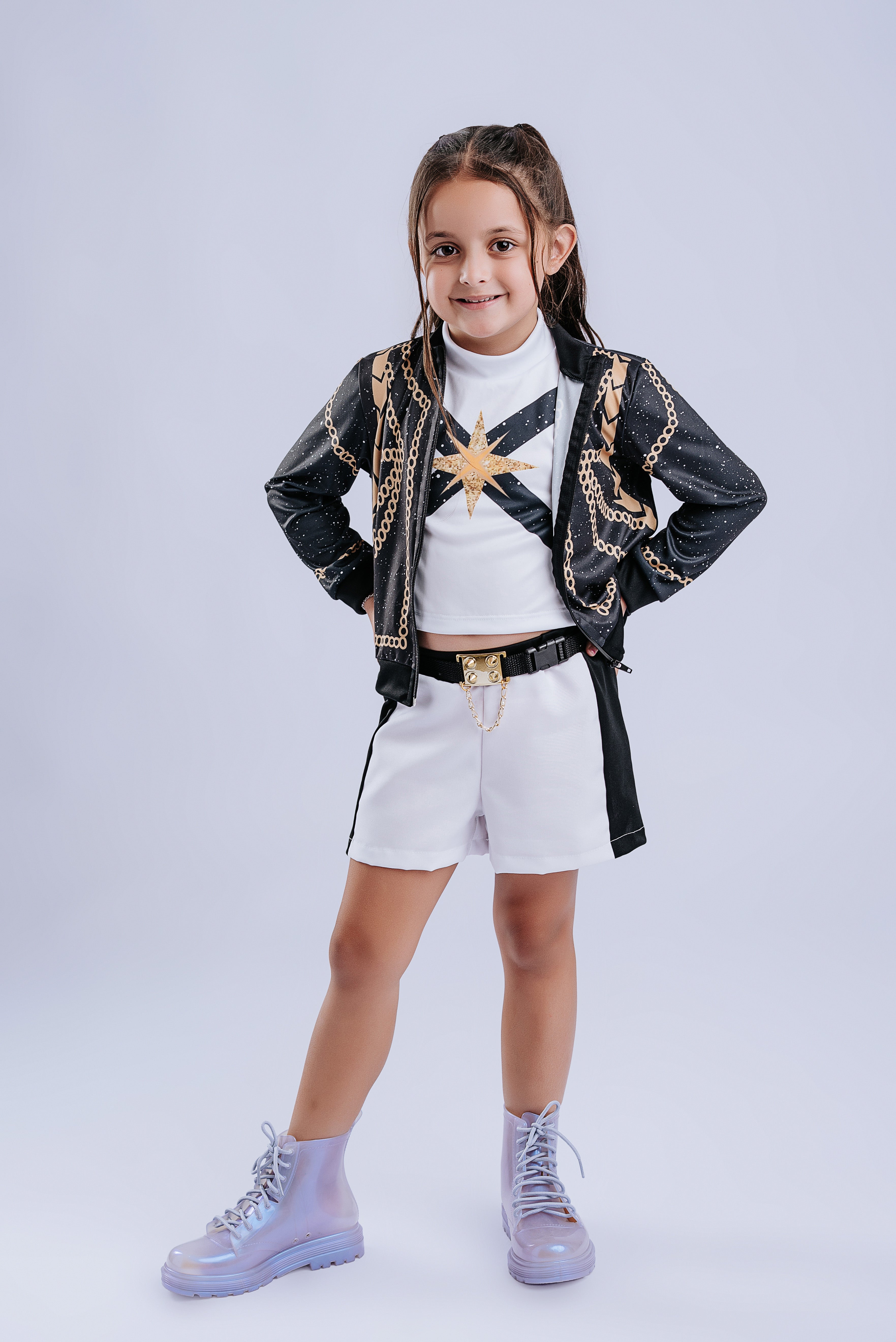Fantasia K-pop Fashion Jaqueta Preta Luxo Infantil