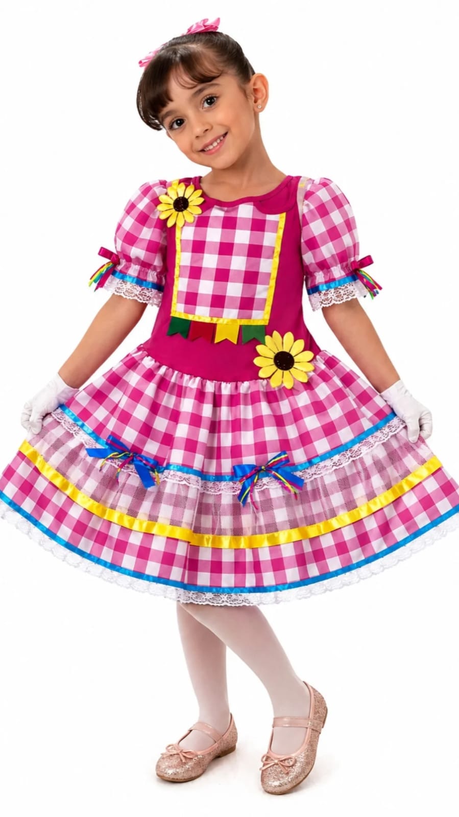 Vestido junino infantil xadrez rosa com flor de girassol