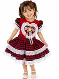 Vestido Festa Junina Infantil Xadrez Vermelho e Azul Luxo com Renda e Detalhes Caipira