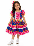 Vestido Junino Infantil Floral Pink e Azul