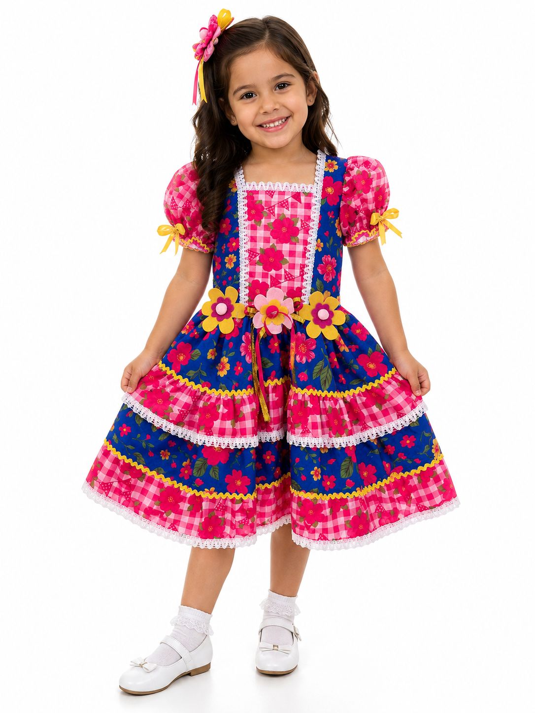 Vestido Junino Infantil Floral Pink e Azul