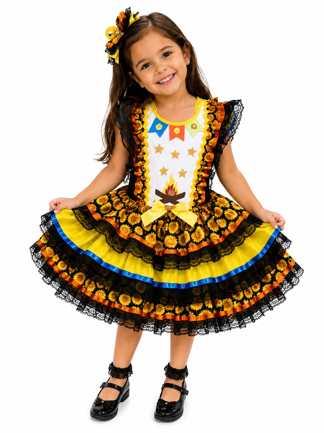 Vestido Junino Infantil Girassol Luxo Preto e Amarelo com Renda e Laço