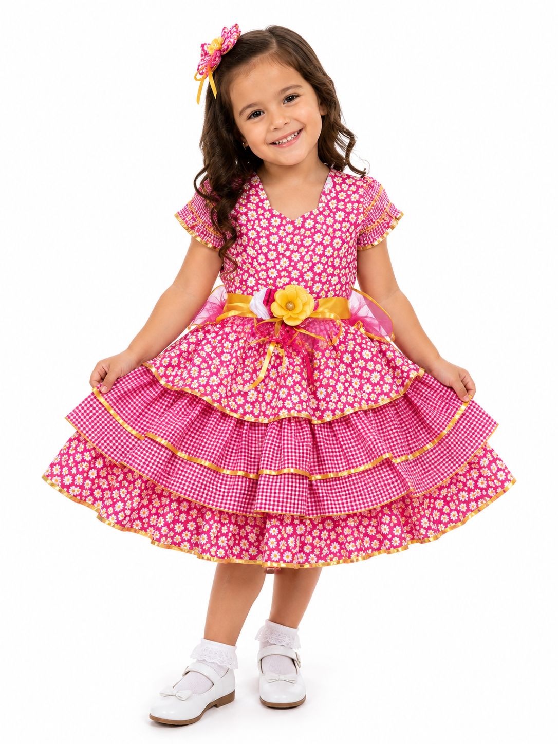 Vestido Junino Infantil Rosa Floral Luxo com Babados e Flor Amarela