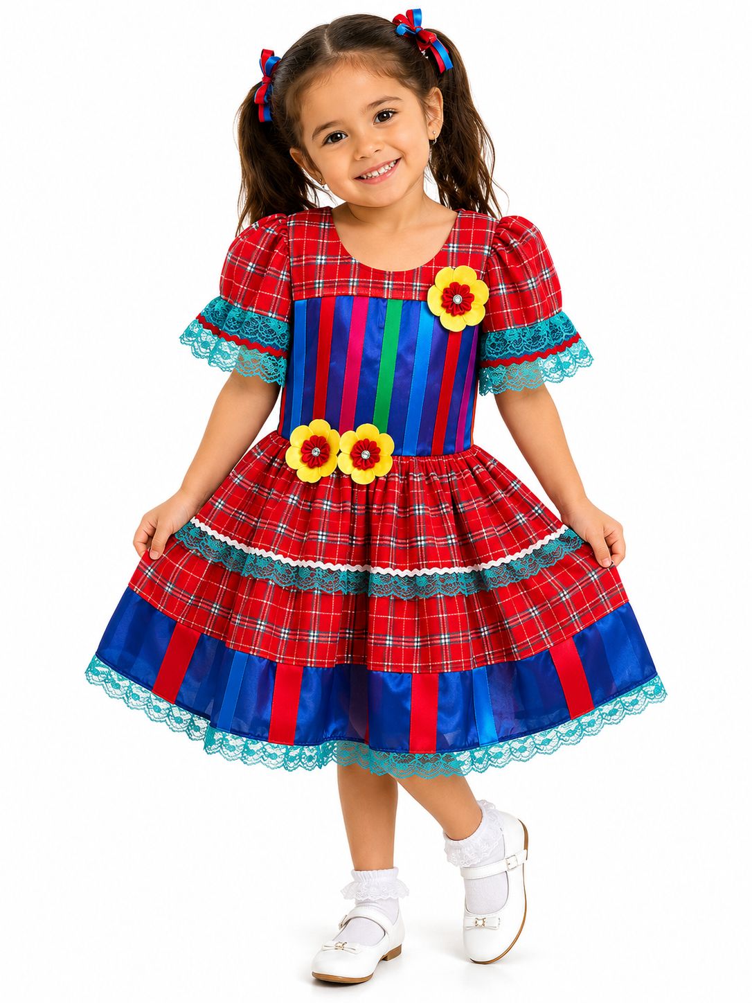 Vestido Junino Infantil Xadrez Colorido com Renda Azul