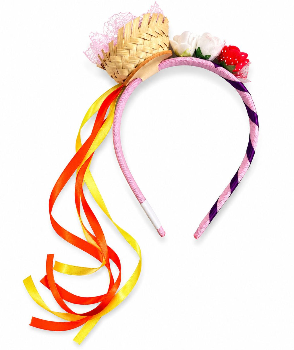 Tiara Junina com Chapéu de Palha e Fitas Coloridas